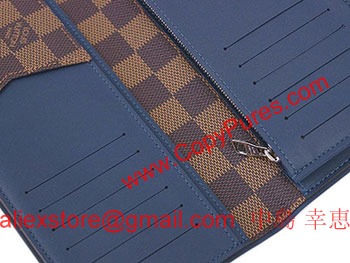 ルイヴィトン財布ヴィトンダミエN63168メンズ長財布ファスナー長札　ポルトフォイユ・ブラザ　ダミエ・エベヌ　ブルーキャンバス 